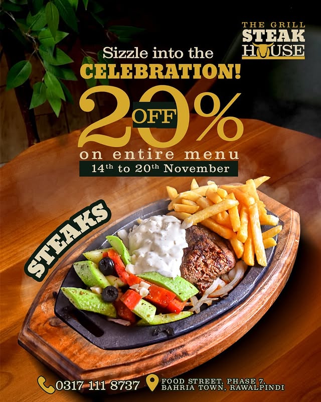 20% OFF ON Every Steak at The Grill Steak House in Rawalpindi
