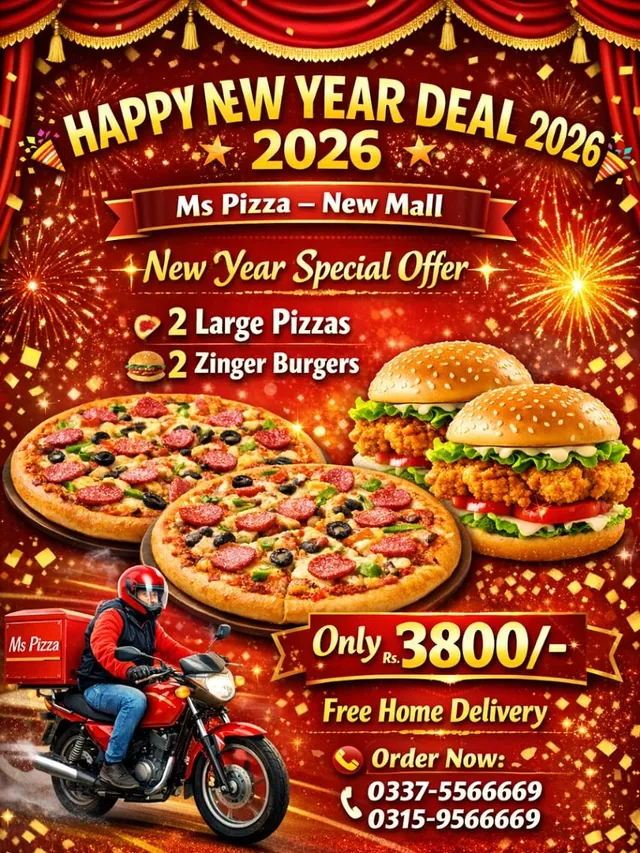 Happy New Year 2026 Combo – 2 Large Pizzas + 2 Zinger Burgers in Islamabad
