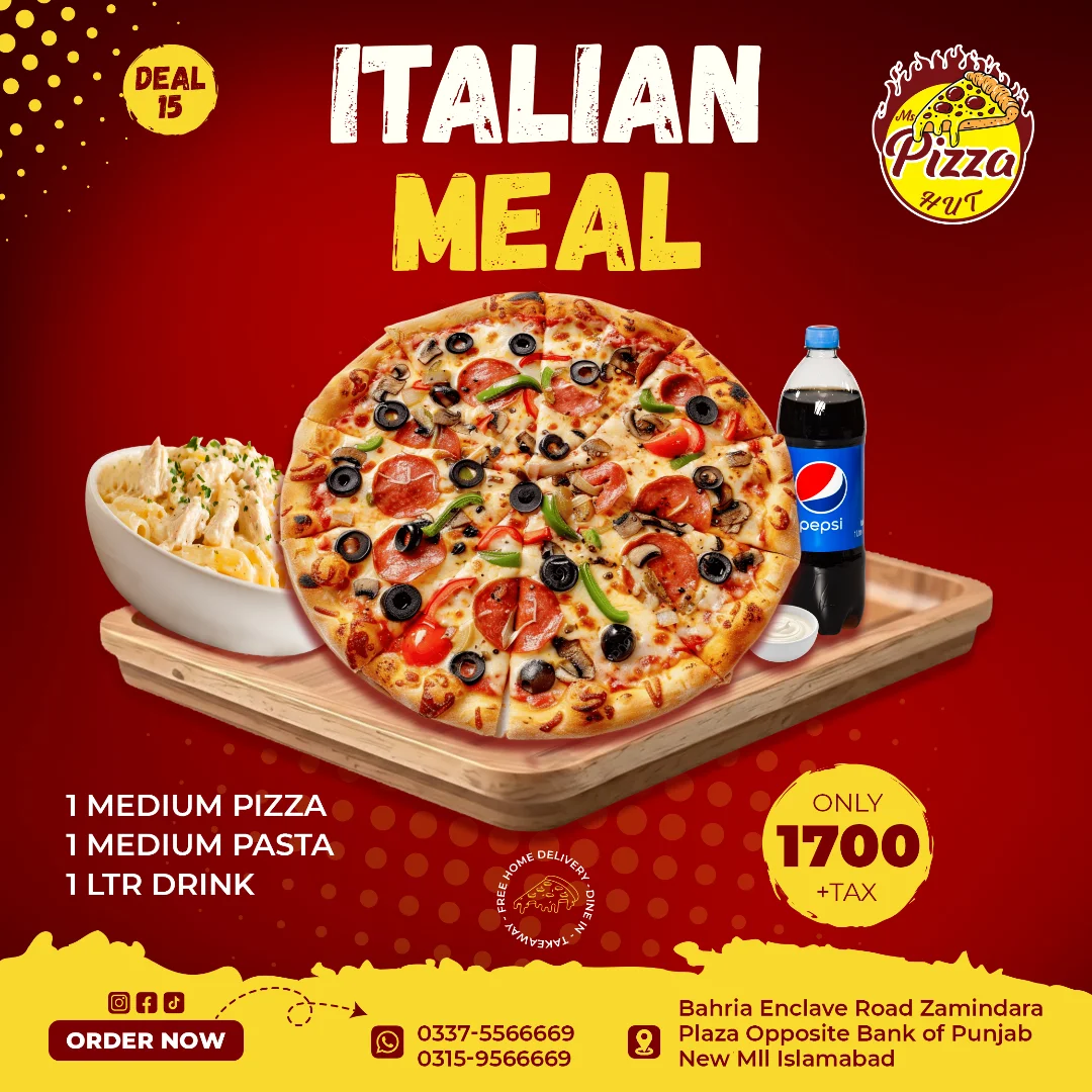 Deal 15 – Italian Meal Combo | Medium Pizza, Creamy Pasta & Drink for Rs. 1,700