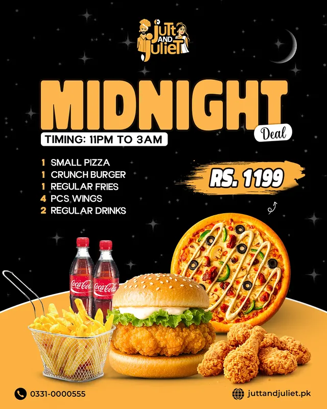 Jutt & Juliet Midnight Deal – Pizza, Burger & Wings Combo for Rs. 1199 in Rawalpindi at Jutt & Juliet in Rawalpindi