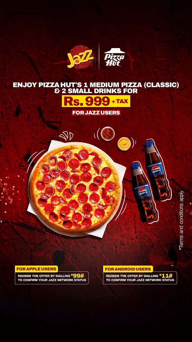 Pizza Hut Jazz Offer – 1 Medium Pizza + 2 Drinks for Rs. 999
