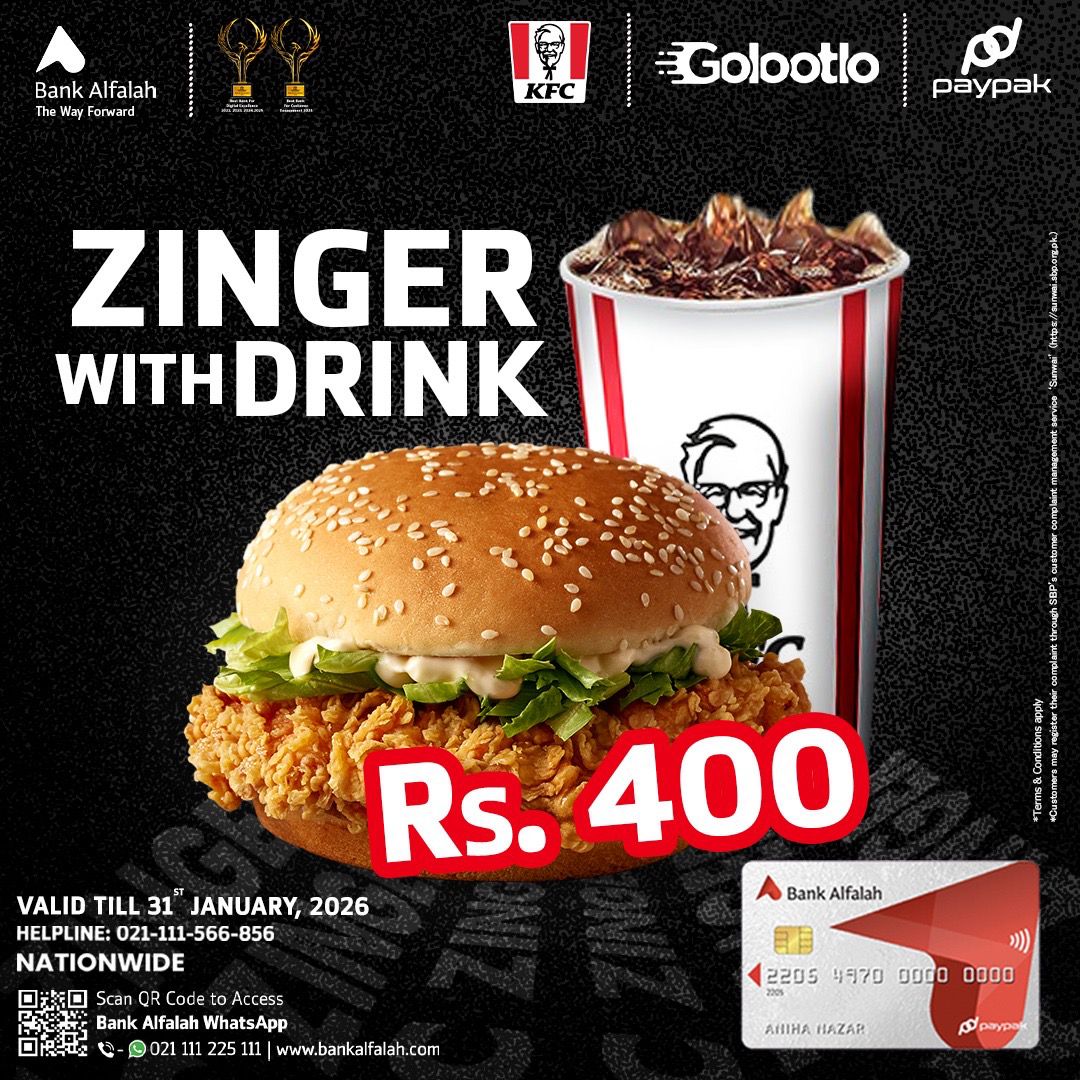 KFC Zinger Burger + Drink for Rs. 400 with Bank Alfalah PayPak Card