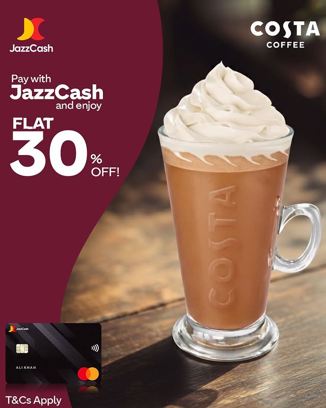 Flat 30% OFF on JazzCash Payments at Costa Coffee – Sip & Save More ☕