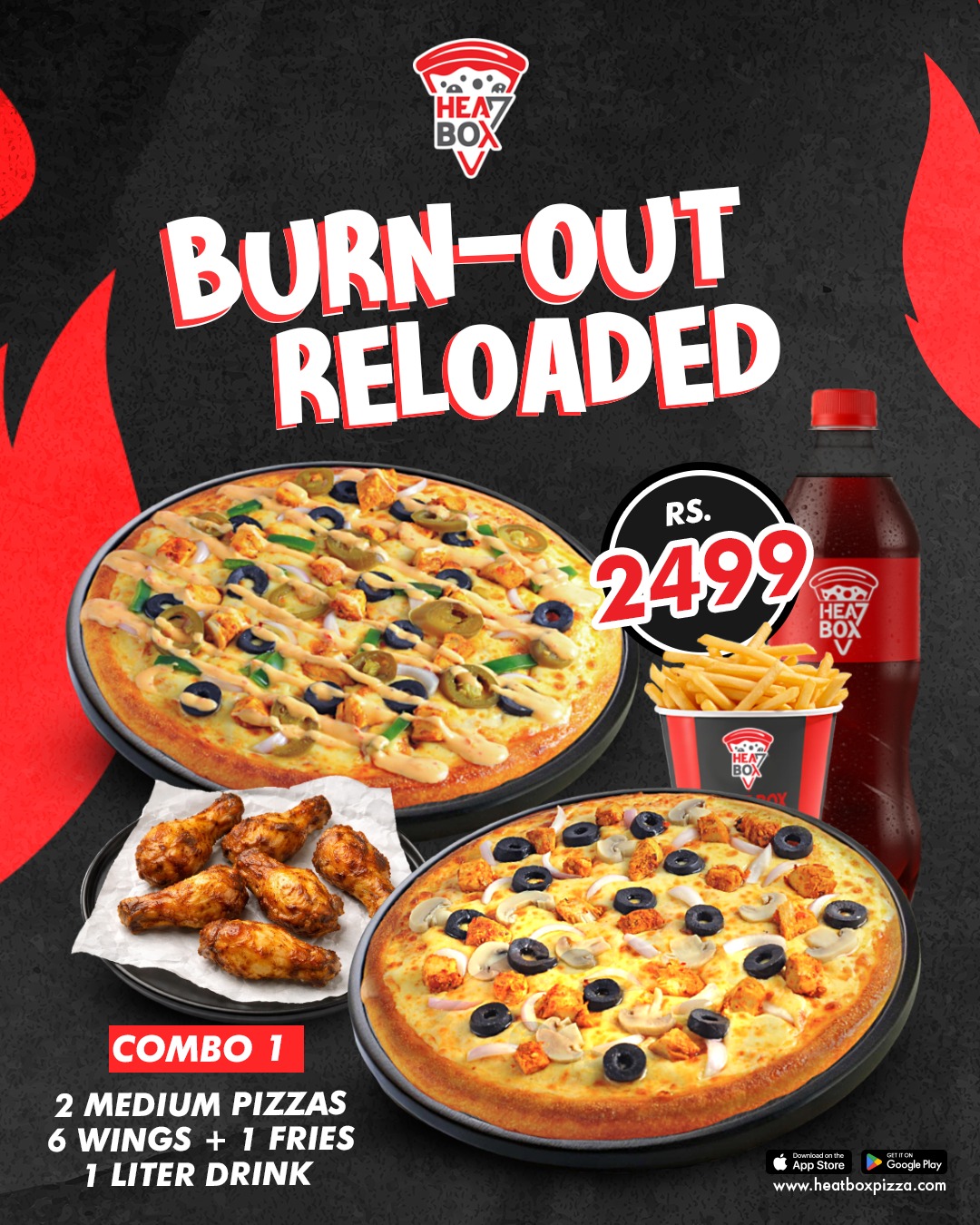 Burn-Out Reloaded Combo at Heatbox Pizza – 2 Pizzas, Wings, Fries & Drinks Starting Rs. 2499 🔥🍕