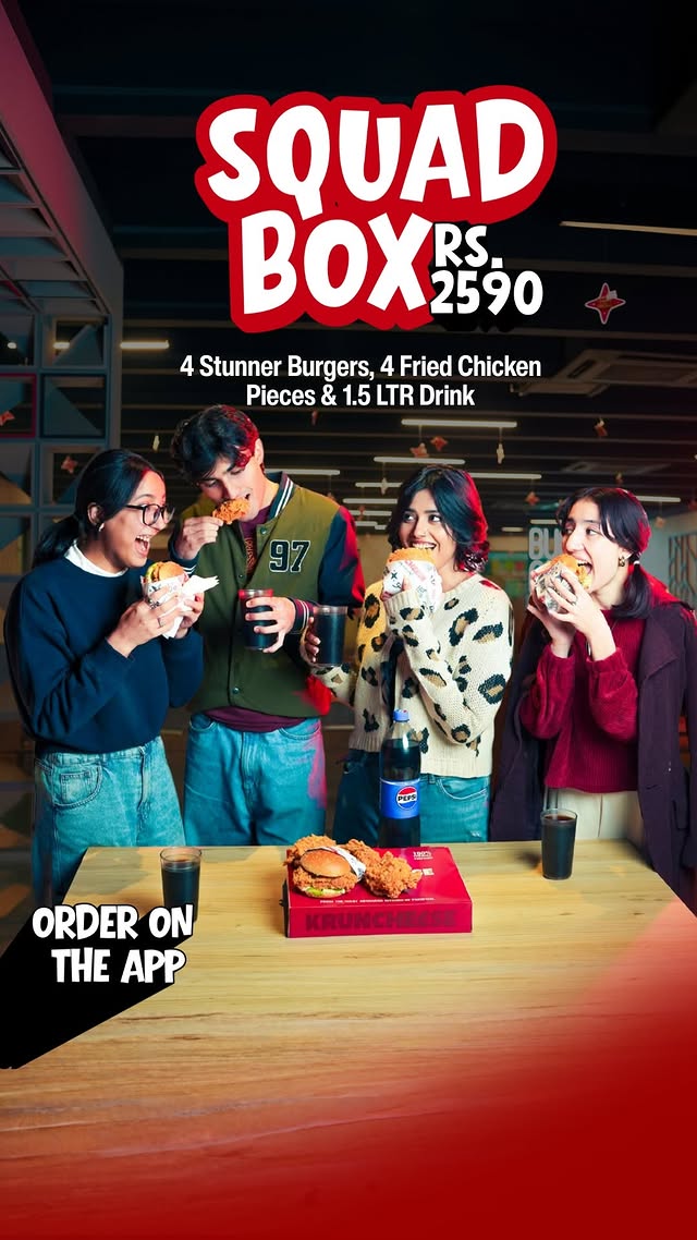 Kruncheese Squad Box – 4 Stunner Burgers, Fried Chicken & 1.5L Drink for Rs. 2590 🍔🍗🎉