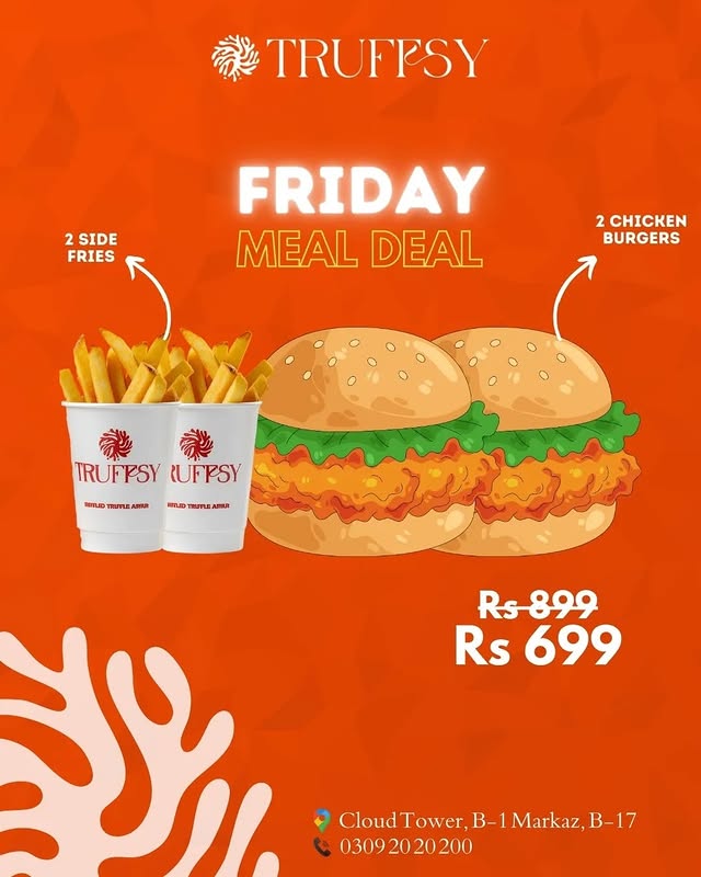 Friday Done Right – 2 Chicken Burgers + 2 Fries for Rs. 699 🍔🍟 at Truffsy in Islamabad