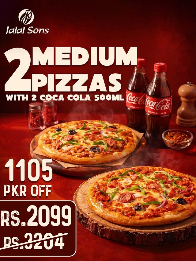 Pizza & Coke Combo at Jalal Sons – 2 Medium Pizzas + Drinks for Rs. 2099 🍕🥤 at Jalal Sons in Islamabad